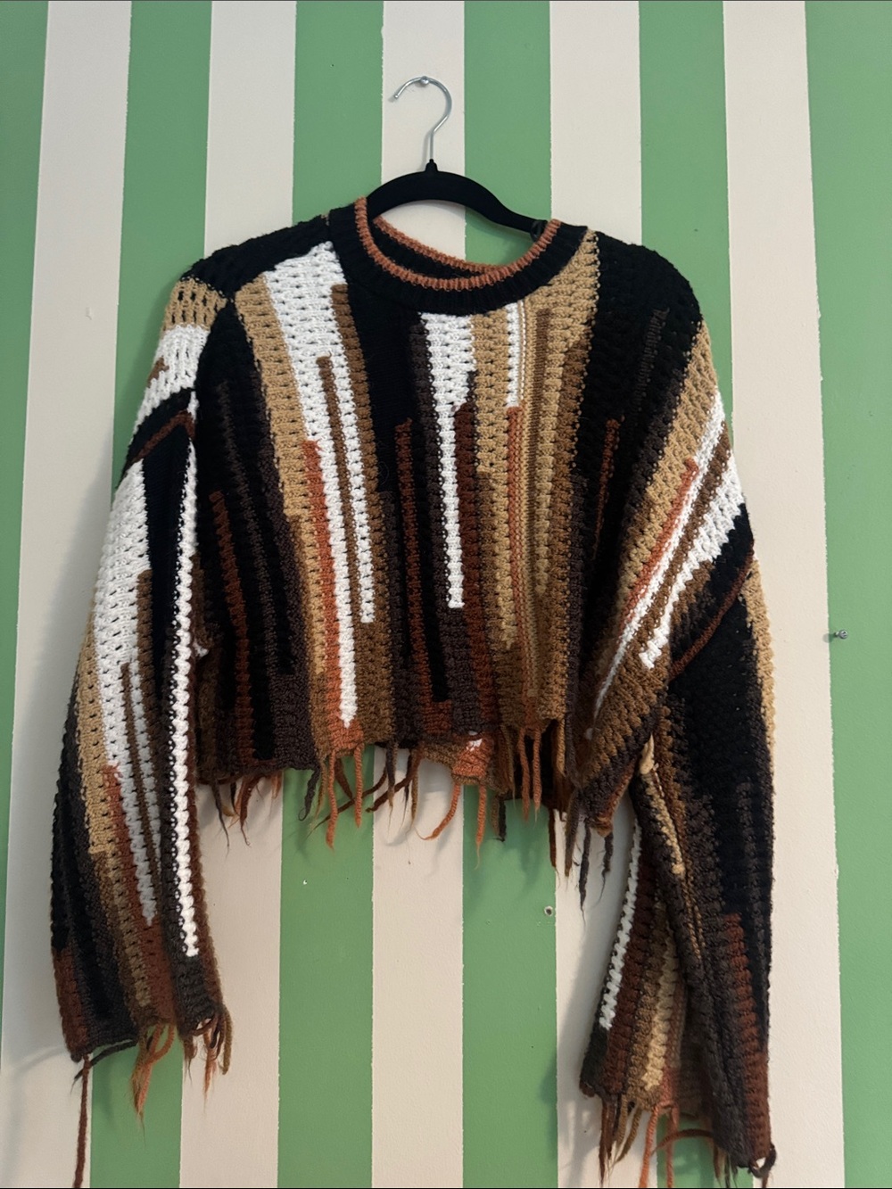 Zara Cropped Striped Fringe Sweater - Black, White, Brown, Tan